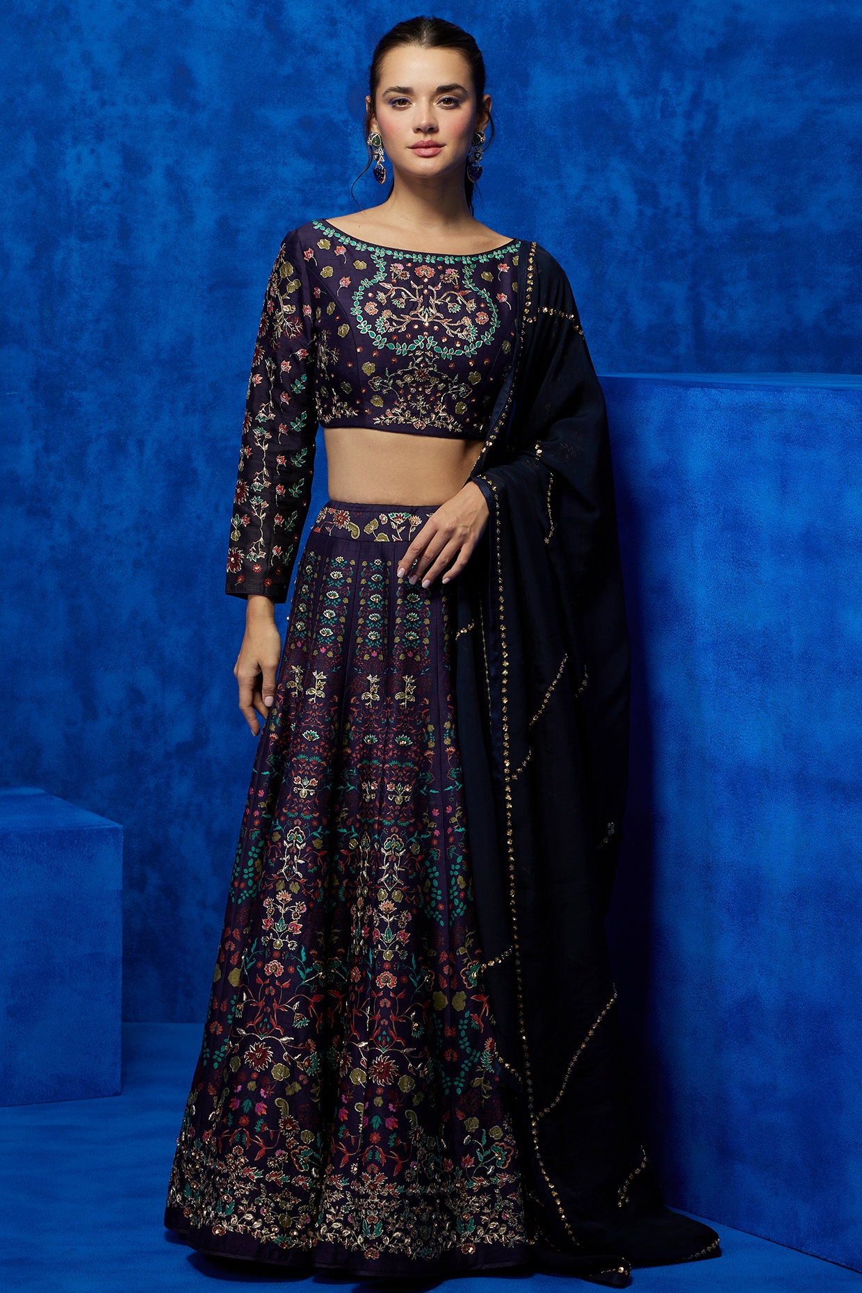 Nautanky By Nilesh Parashar Aubergine Soft Silk Floral Printed & Hand Embroidered Lehenga Set