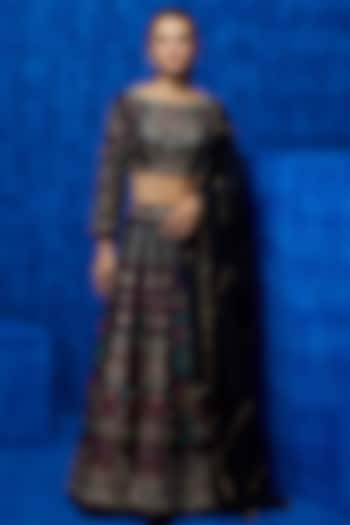 Aubergine Soft Silk Floral Printed & Hand Embroidered Wedding Lehenga Set by Nautanky By Nilesh Parashar at Pernia's Pop Up Shop