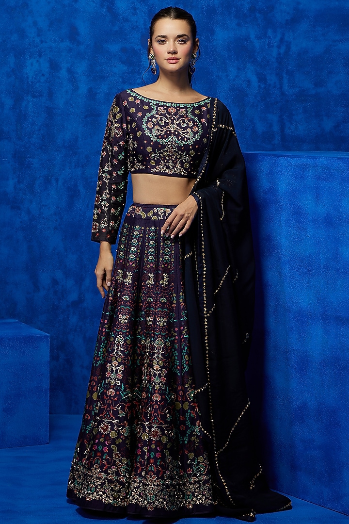 Aubergine Soft Silk Floral Printed & Hand Embroidered Wedding Lehenga Set by Nautanky By Nilesh Parashar at Pernia's Pop Up Shop