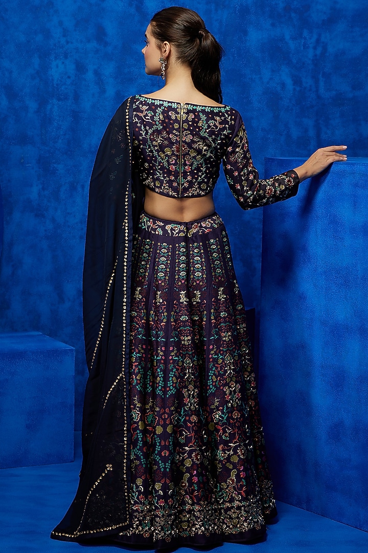 Aubergine Soft Silk Floral Printed & Hand Embroidered Wedding Lehenga Set by Nautanky By Nilesh Parashar at Pernia's Pop Up Shop