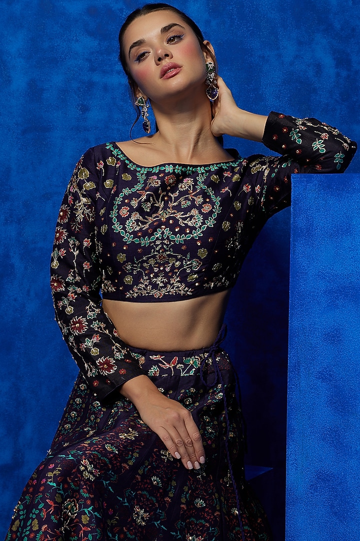 Aubergine Soft Silk Floral Printed & Hand Embroidered Wedding Lehenga Set by Nautanky By Nilesh Parashar at Pernia's Pop Up Shop