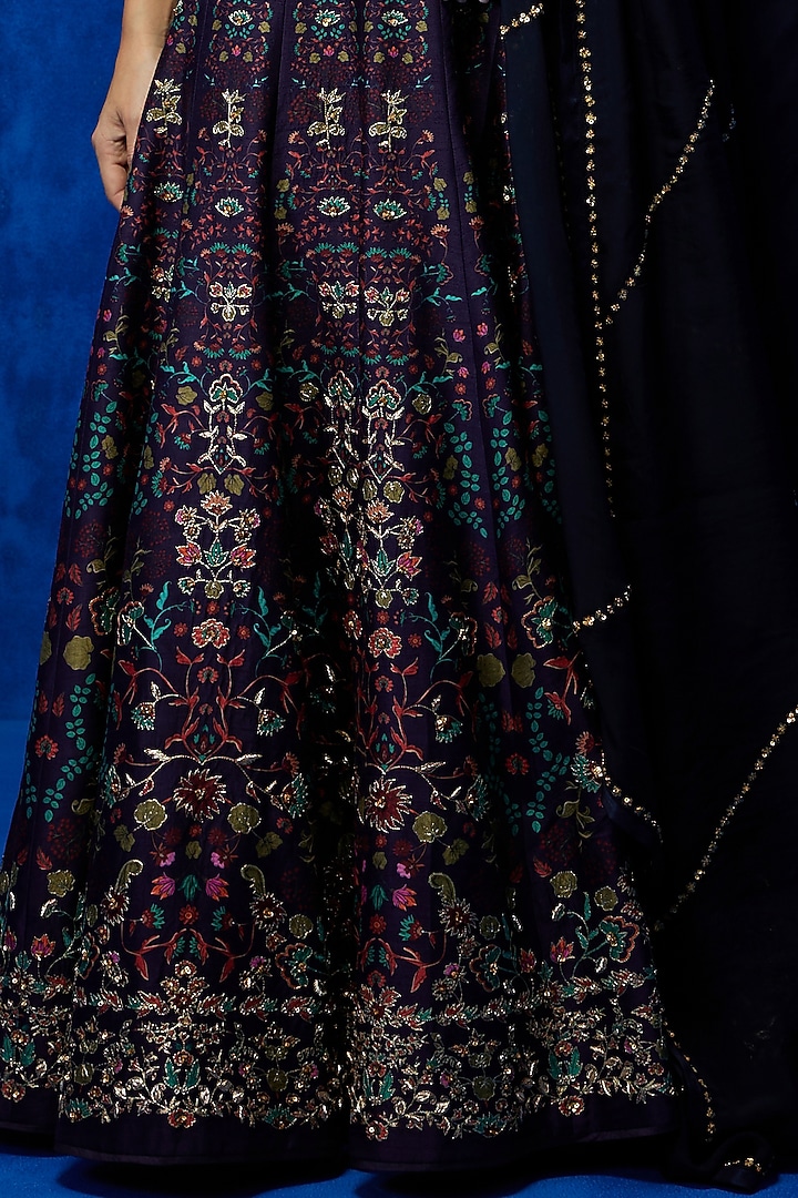 Aubergine Soft Silk Floral Printed & Hand Embroidered Wedding Lehenga Set by Nautanky By Nilesh Parashar at Pernia's Pop Up Shop