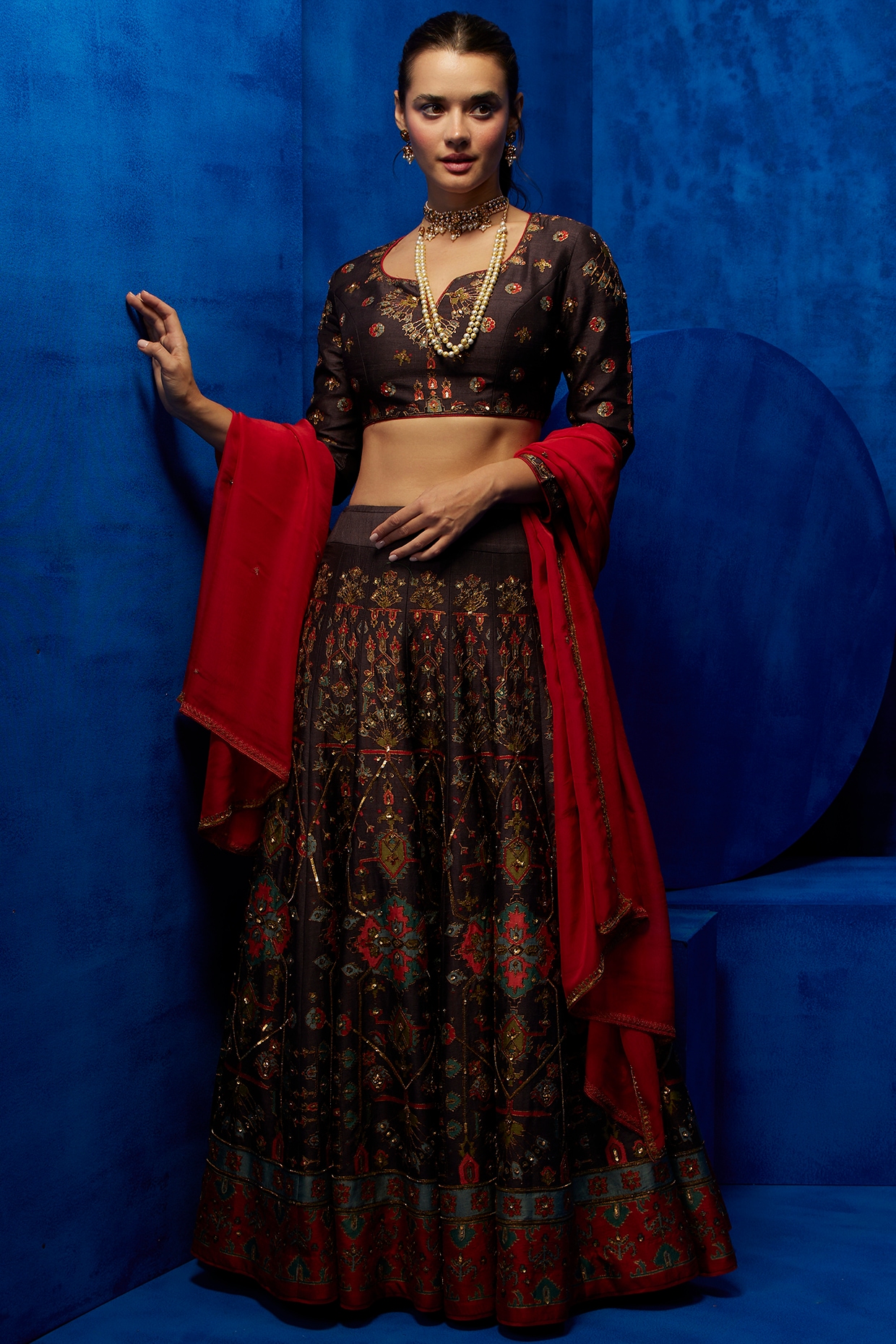 Nautanky By Nilesh Parashar Brown Soft Silk Printed & Hand Embroidered Lehenga Set