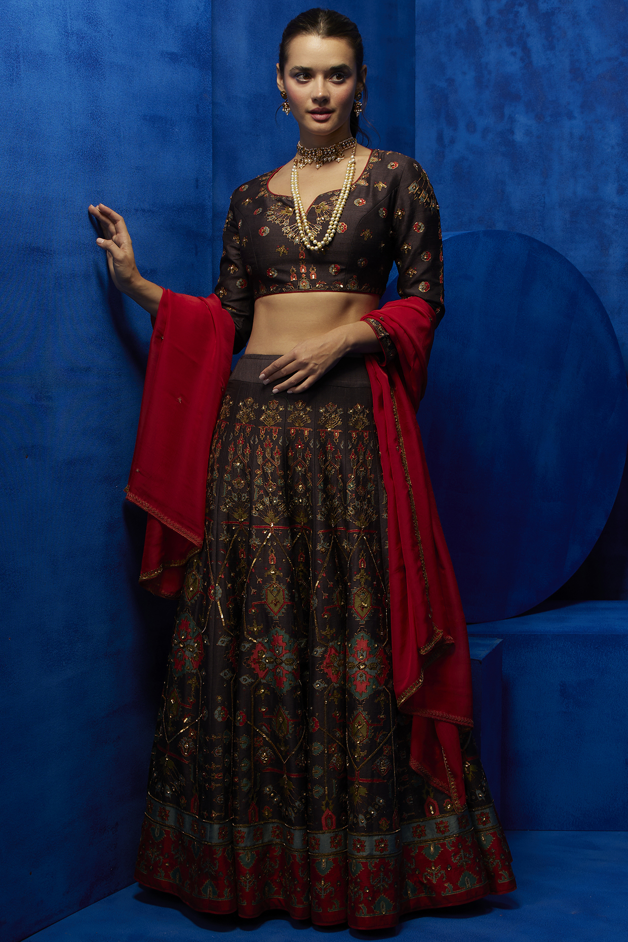 Brown Soft Silk Printed & Hand Embroidered Bridal Lehenga Set by Nautanky By Nilesh Parashar at Pernia's Pop Up Shop