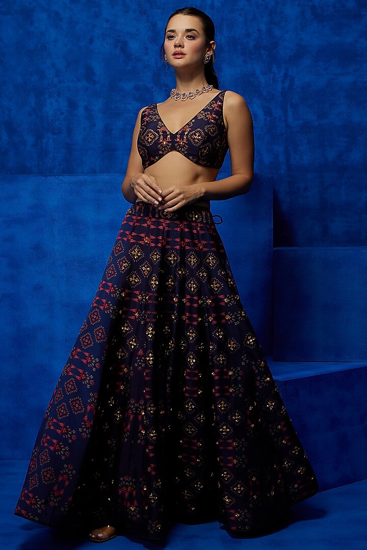 Purple Soft Silk Printed & Hand Embroidered Wedding Lehenga Set by Nautanky By Nilesh Parashar at Pernia's Pop Up Shop