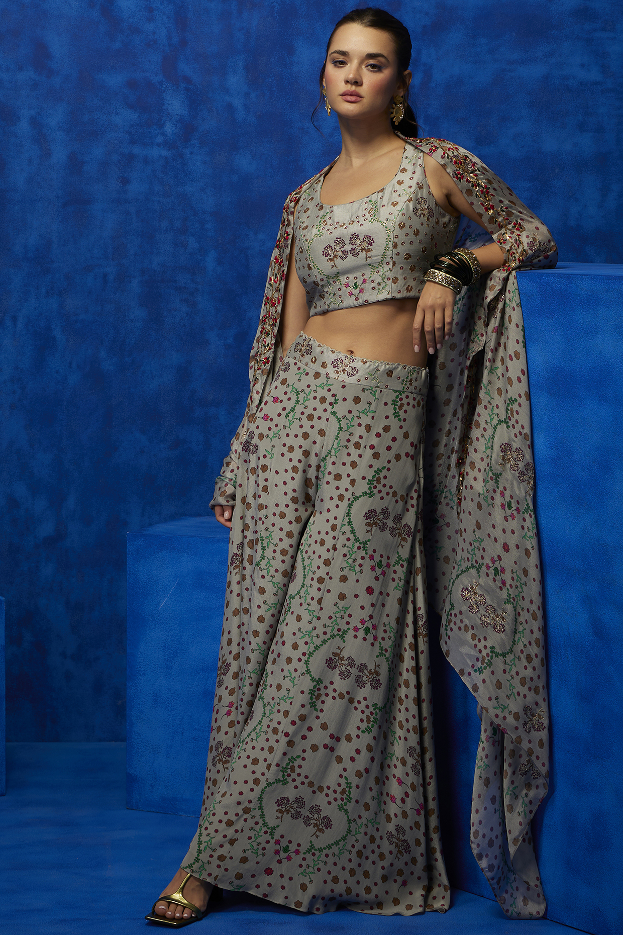 Grey Natural Crepe Printed Pant Set by Nautanky By Nilesh Parashar