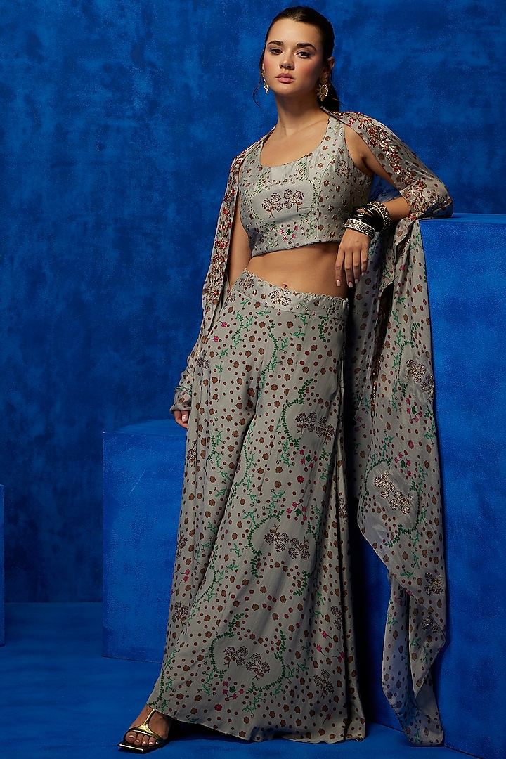 Grey Natural Crepe Printed Pant Set by Nautanky By Nilesh Parashar at Pernia's Pop Up Shop