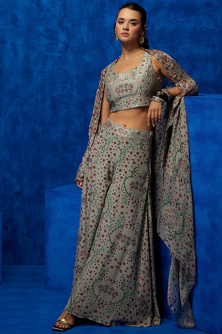 Grey Natural Crepe Printed Pant Set by Nautanky By Nilesh Parashar