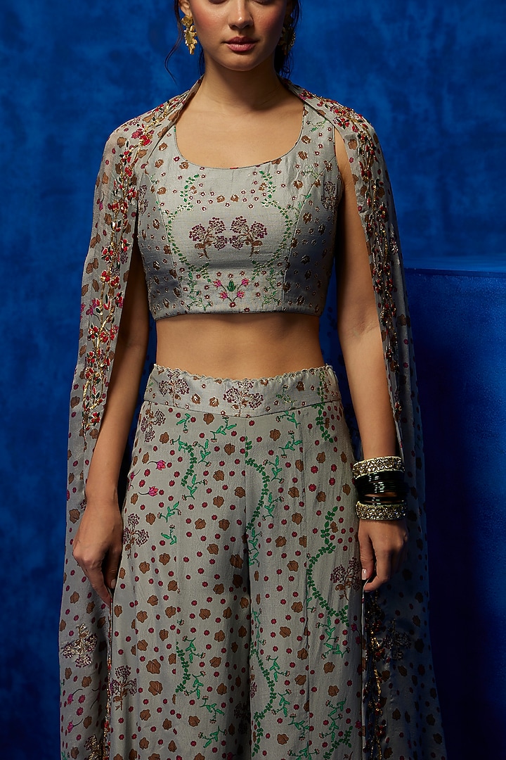 Grey Natural Crepe Printed Pant Set by Nautanky By Nilesh Parashar at Pernia's Pop Up Shop