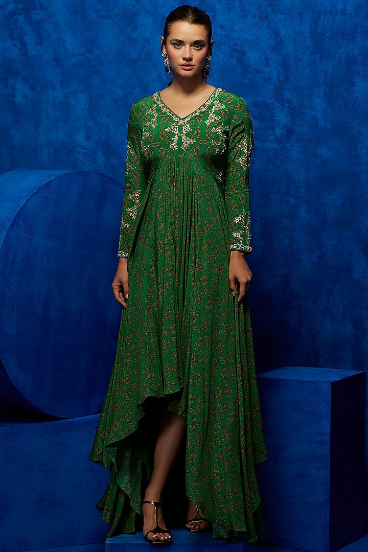 Emerald Natural Crepe Floral Printed & Hand Embroidered Asymmetric Gown by Nautanky By Nilesh Parashar