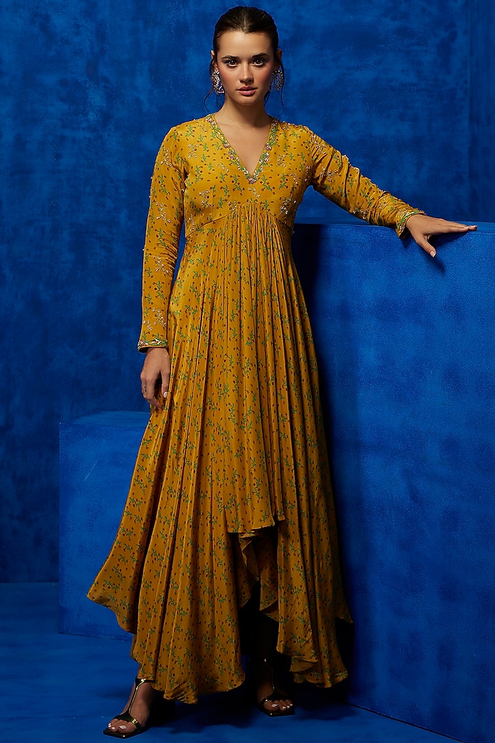 Mustard Natural Crepe Floral Printed & Hand Embroidered Asymmetric Gown by Nautanky By Nilesh Parashar
