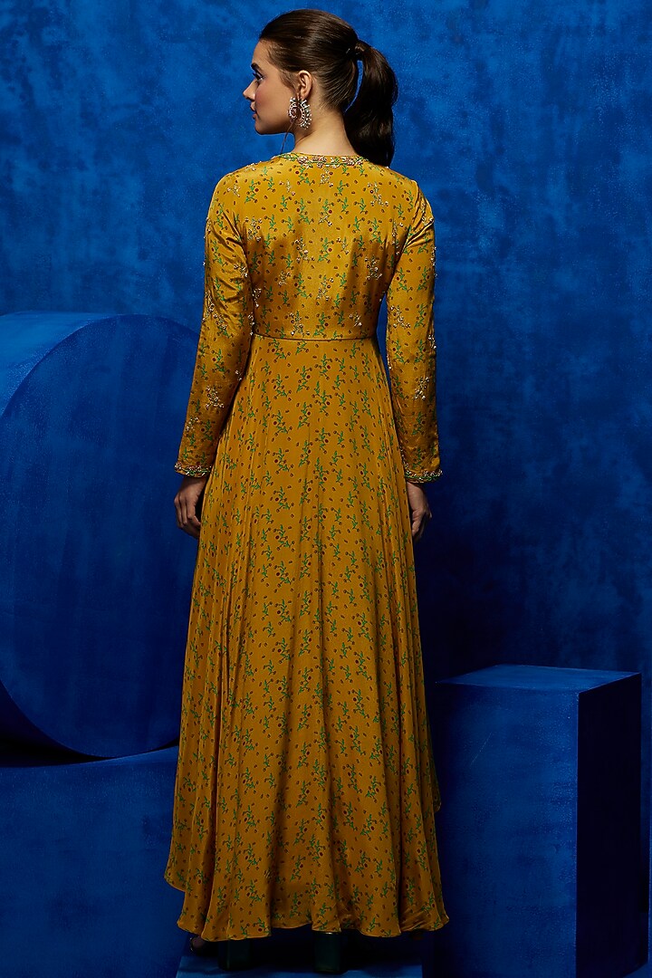 Mustard Natural Crepe Floral Printed & Hand Embroidered Asymmetric Engagement Gown by Nautanky By Nilesh Parashar at Pernia's Pop Up Shop