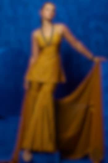 Mustard Natural Crepe Floral Printed Wedding Sharara Set by Nautanky By Nilesh Parashar at Pernia's Pop Up Shop