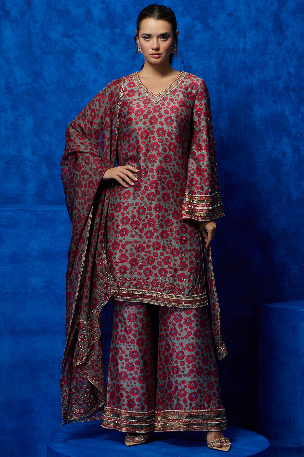 Grey & Pink Soft Silk Floral Printed Tunic Set by Nautanky By Nilesh Parashar at Pernia's Pop Up Shop
