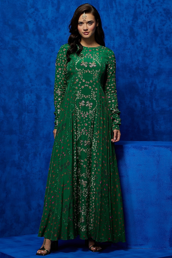 Emerald Natural Crepe Floral Printed & Hand Embroidered Gown by Nautanky By Nilesh Parashar