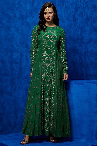 Emerald Natural Crepe Floral Printed & Hand Embroidered Gown by Nautanky By Nilesh Parashar