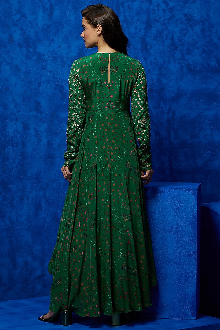 Emerald Natural Crepe Floral Printed & Hand Embroidered Engagement Gown by Nautanky By Nilesh Parashar at Pernia's Pop Up Shop