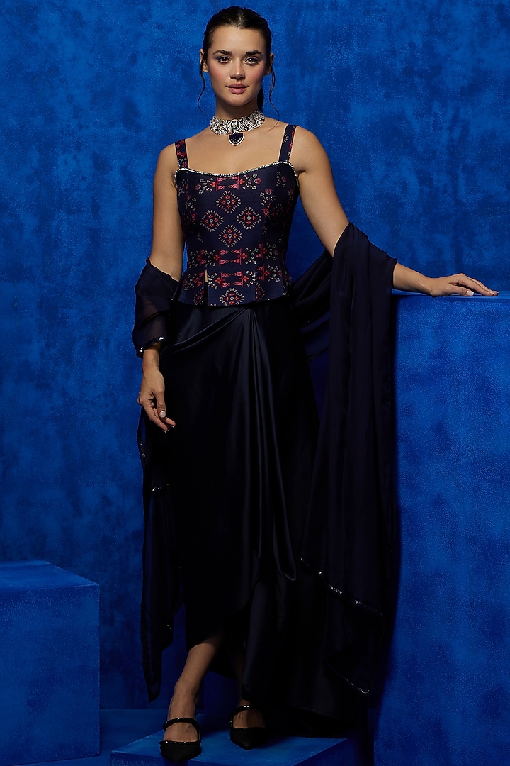 Midnight Blue Soft Silk Draped Skirt Set by Nautanky By Nilesh Parashar at Pernia's Pop Up Shop