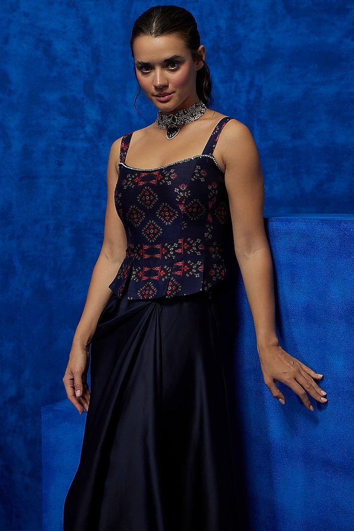Midnight Blue Soft Silk Draped Skirt Set by Nautanky By Nilesh Parashar at Pernia's Pop Up Shop