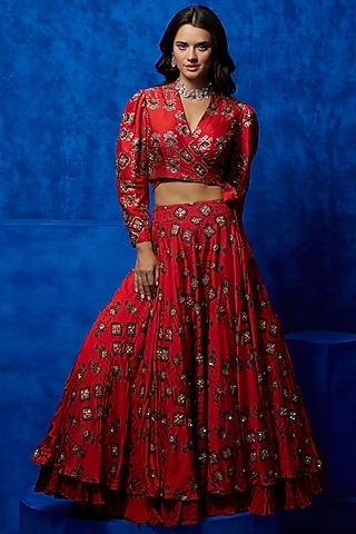 Orange Soft Silk Floral Printed Crinkled Skirt Set by Nautanky By Nilesh Parashar