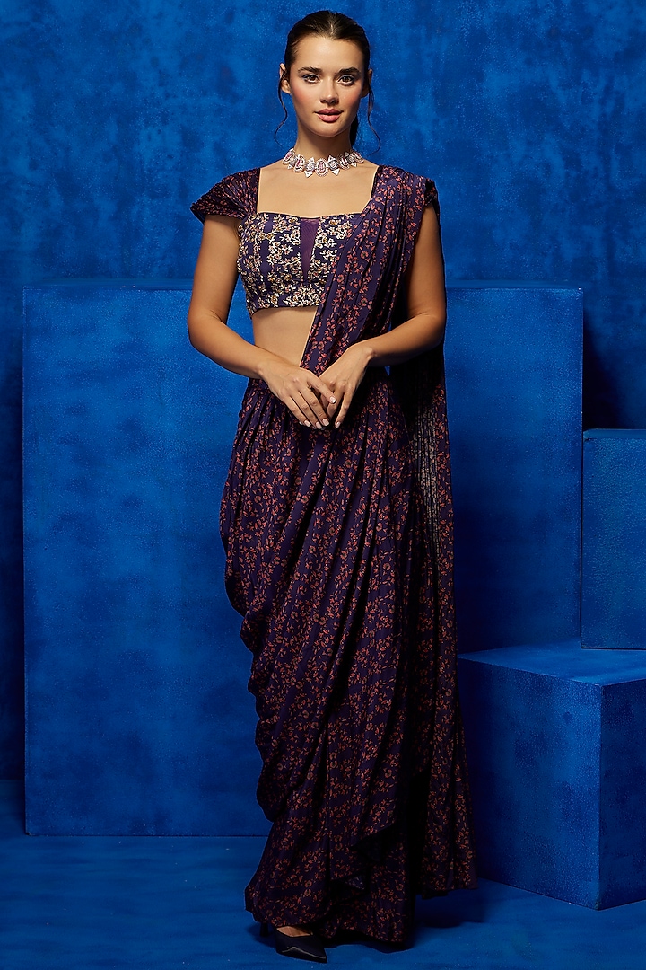 Purple Natural Crepe Floral Printed Draped Saree Set by Nautanky By Nilesh Parashar at Pernia's Pop Up Shop