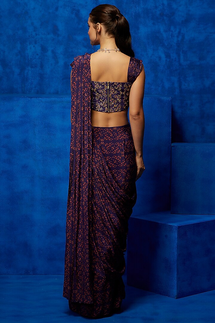 Purple Natural Crepe Floral Printed Draped Wedding Saree Set by Nautanky By Nilesh Parashar at Pernia's Pop Up Shop