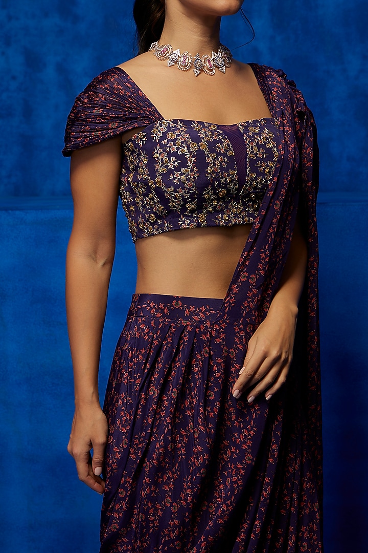 Purple Natural Crepe Floral Printed Draped Wedding Saree Set by Nautanky By Nilesh Parashar at Pernia's Pop Up Shop