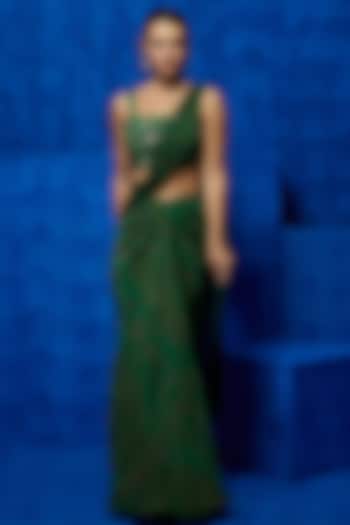 Emerald Green Natural Crepe Floral Printed Draped Wedding Saree Set by Nautanky By Nilesh Parashar at Pernia's Pop Up Shop