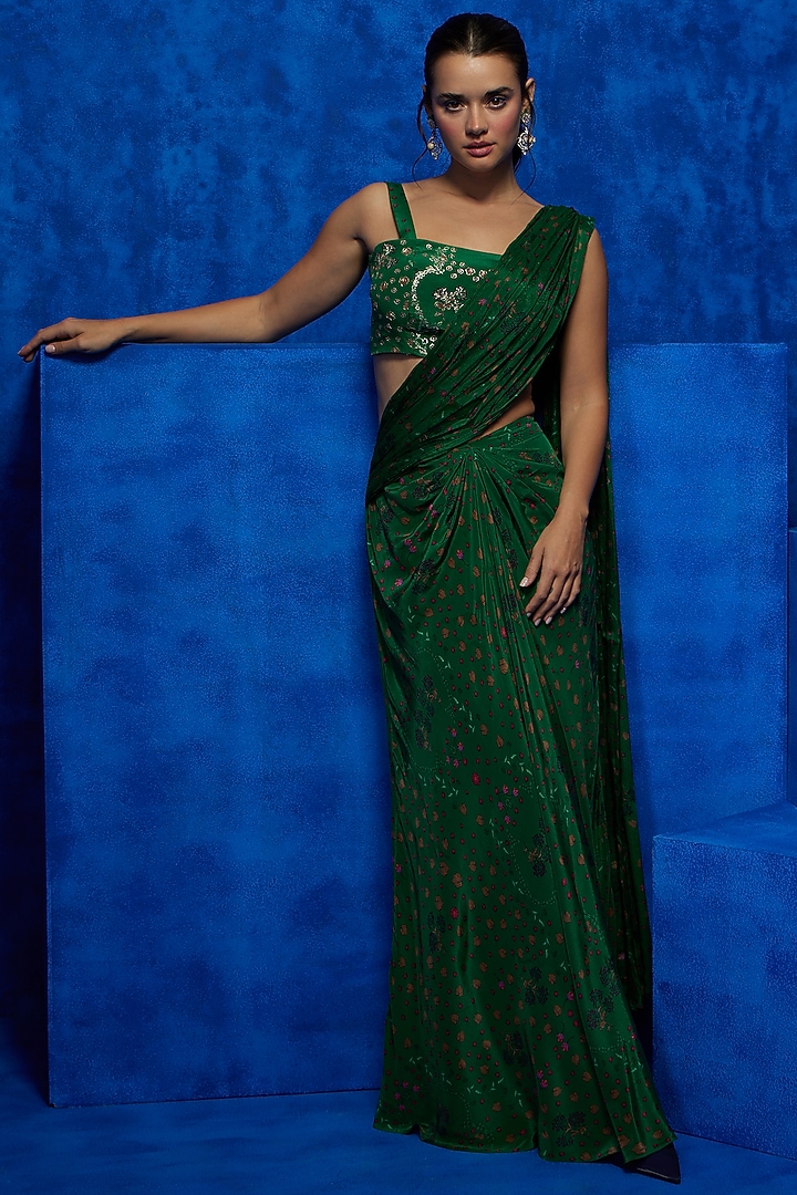 Emerald Green Natural Crepe Floral Printed Draped Wedding Saree Set by Nautanky By Nilesh Parashar at Pernia's Pop Up Shop
