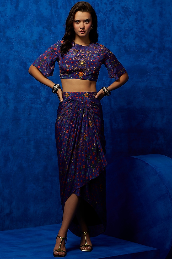 Purple Natural Crepe Printed Dhoti Skirt Set by Nautanky By Nilesh Parashar