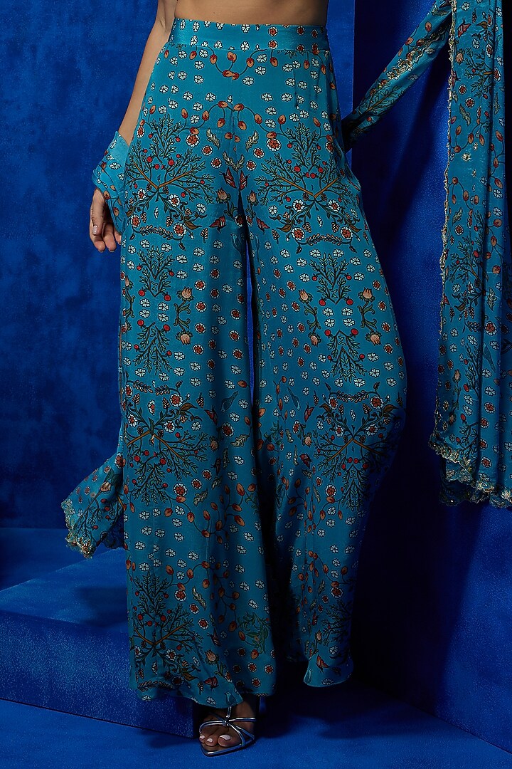 Turquoise Natural Crepe Printed Wide-Legged Pant Set by Nautanky By Nilesh Parashar at Pernia's Pop Up Shop