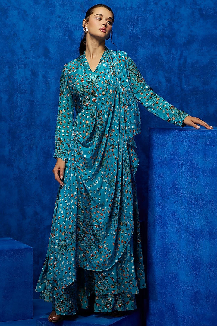 Turquoise Natural Crepe & Chiffon Printed Draped Gown by Nautanky By Nilesh Parashar