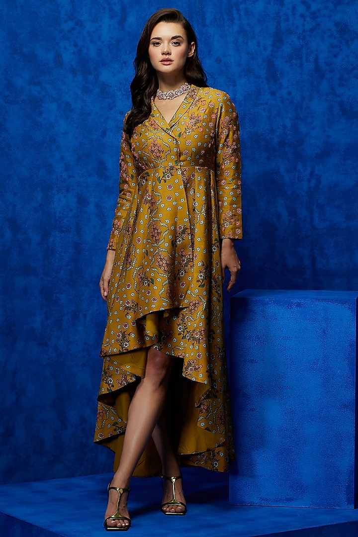 Mustard Soft Silk Floral Printed & Hand Embroidered Trench Coat by Nautanky By Nilesh Parashar
