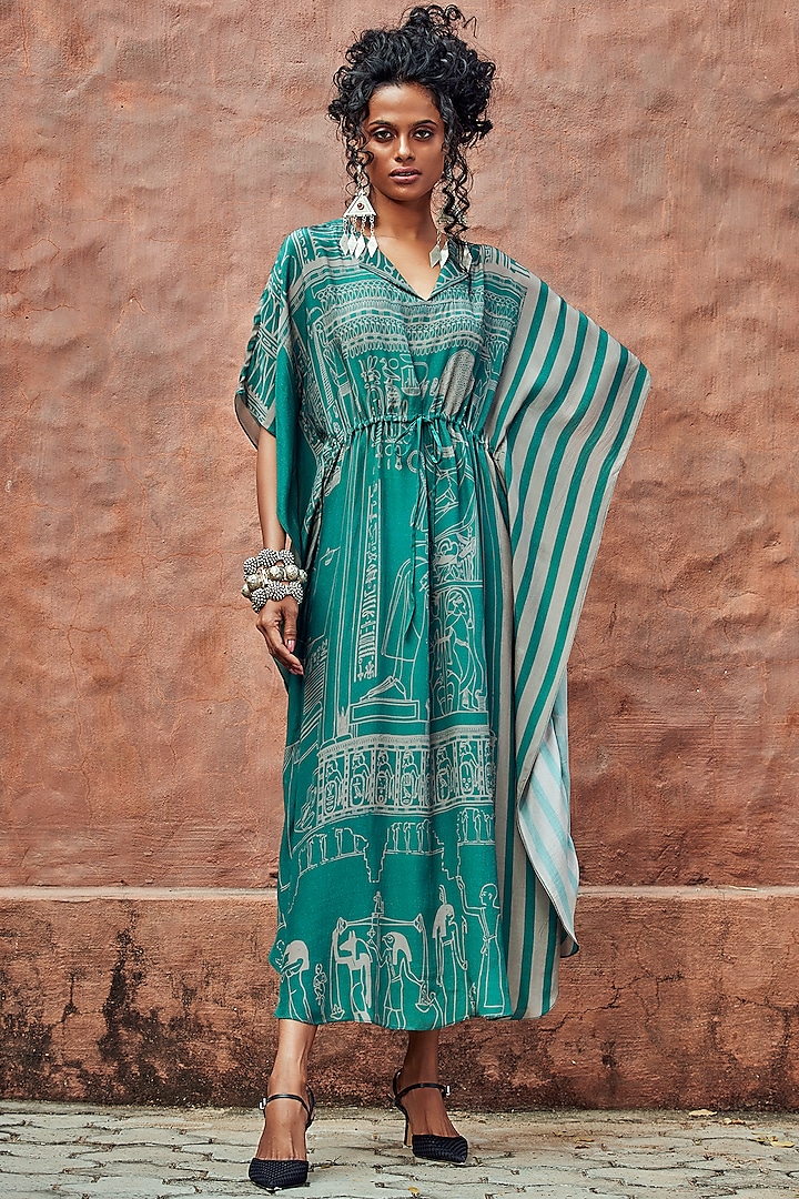 Teal Blue Printed Kaftan by Nautanky By Nilesh Parashar at Pernia's Pop Up Shop