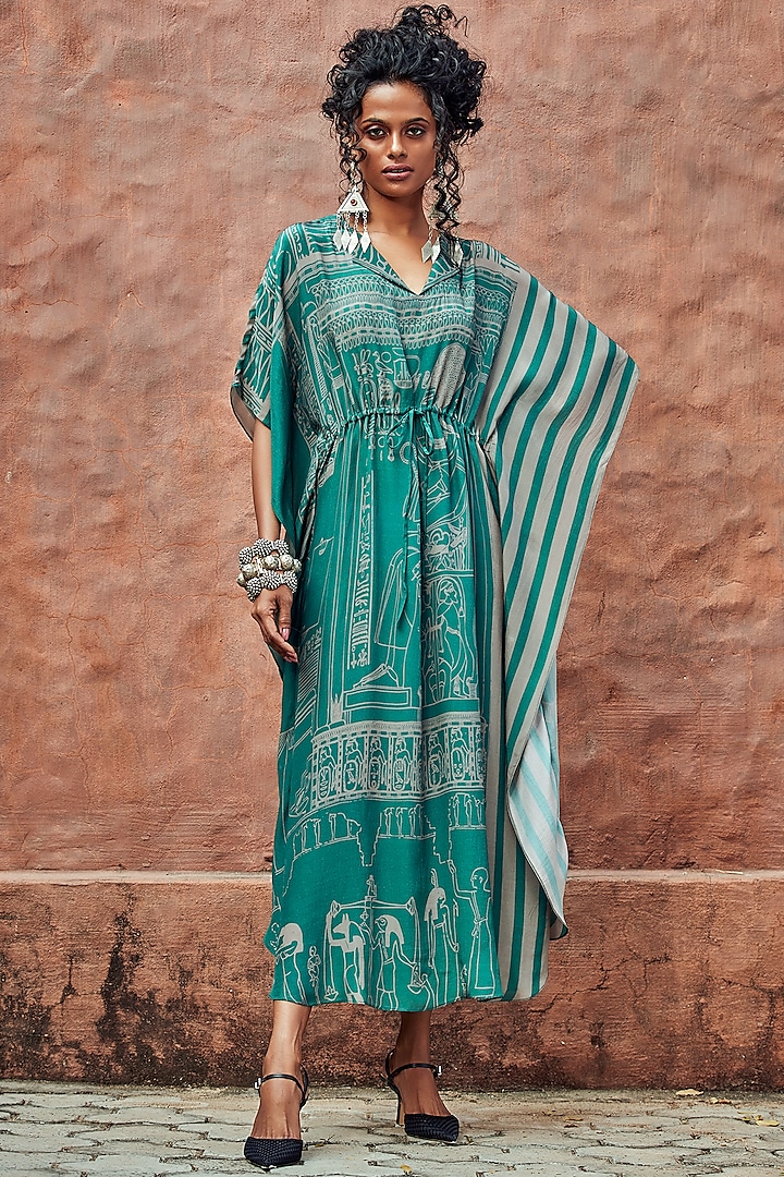 Teal Blue Printed Kaftan by Nautanky By Nilesh Parashar