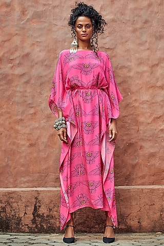 Hot Pink Printed Kaftan by Nautanky By Nilesh Parashar