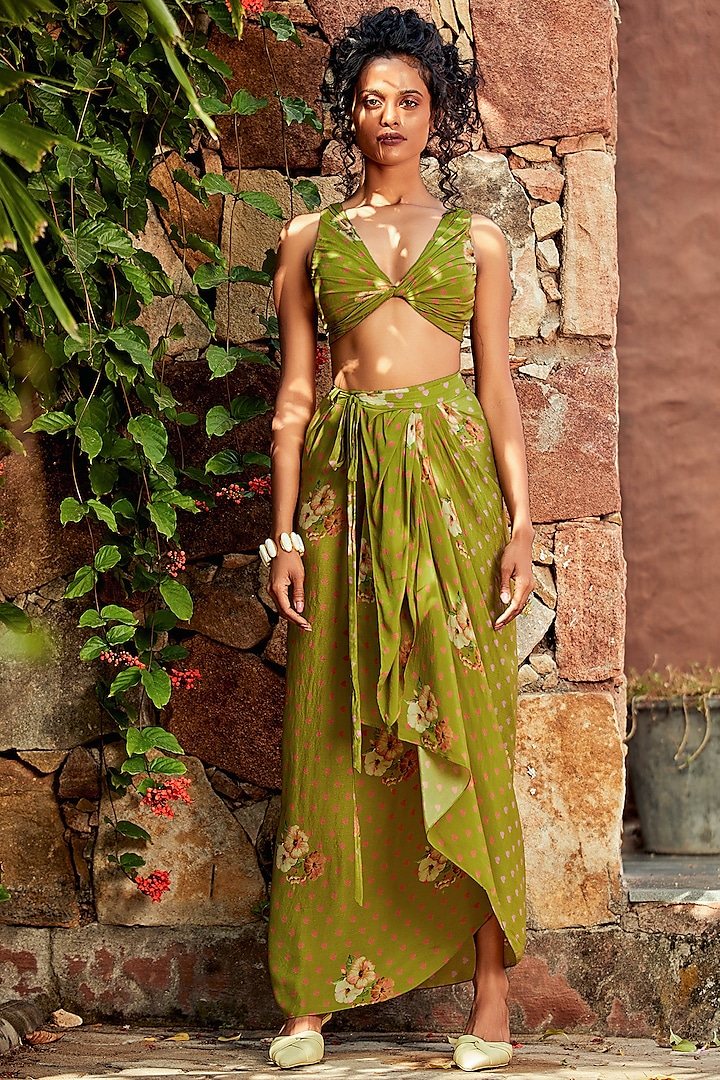 Green Skirt Set With Print by Nautanky By Nilesh Parashar