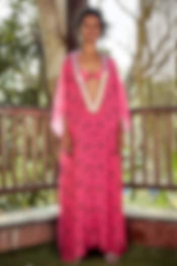 Hot Pink Printed Kaftan With Bikini Top by Nautanky By Nilesh Parashar