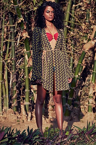 Grey & Yellow Bikini Cover Up by Nautanky By Nilesh Parashar