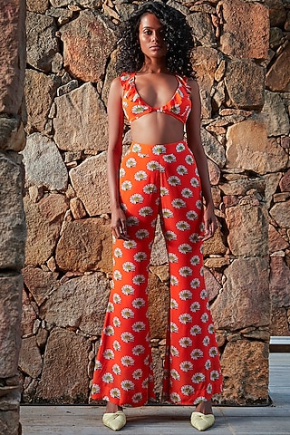 Orange Printed Pants Set by Nautanky By Nilesh Parashar
