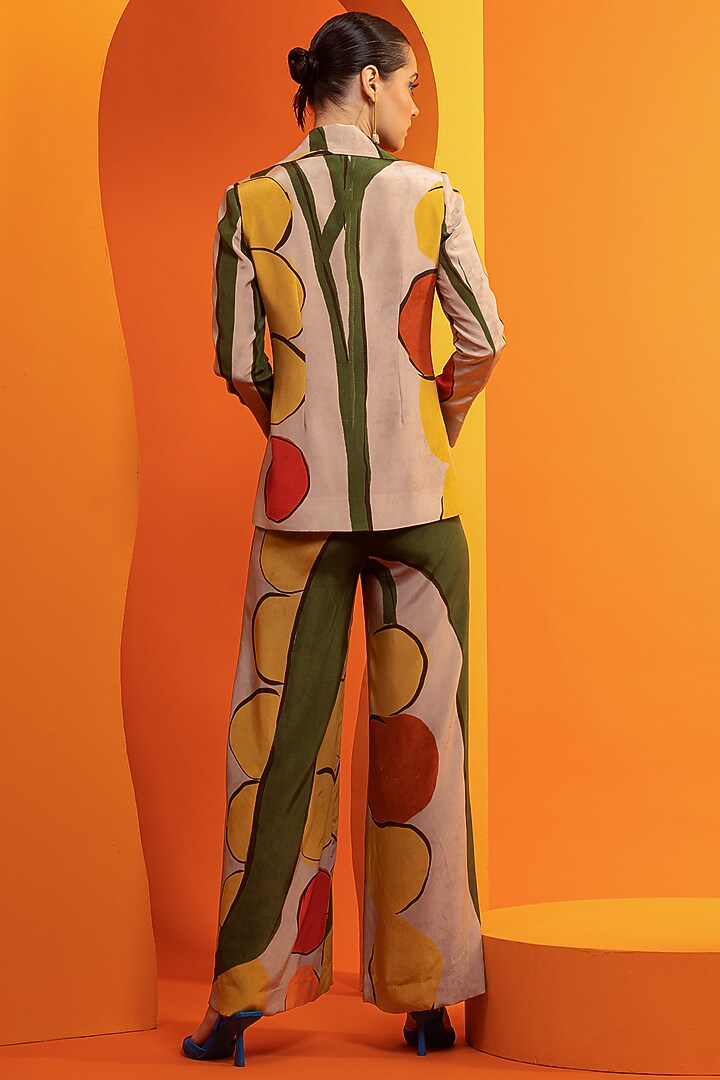 Beige & Olive Natural Crepe Printed Blazer Set by Nautanky By Nilesh Parashar at Pernia's Pop Up Shop