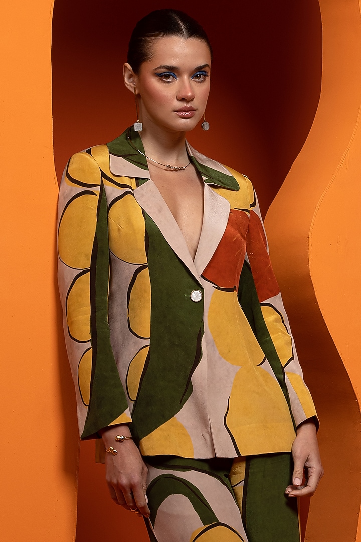 Beige & Olive Natural Crepe Printed Blazer Set by Nautanky By Nilesh Parashar at Pernia's Pop Up Shop