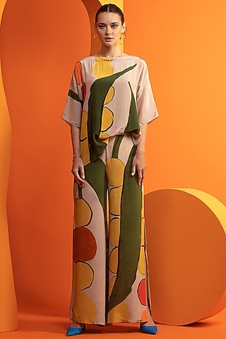 Beige & Olive Natural Crepe Printed Co-Ord Set by Nautanky By Nilesh Parashar