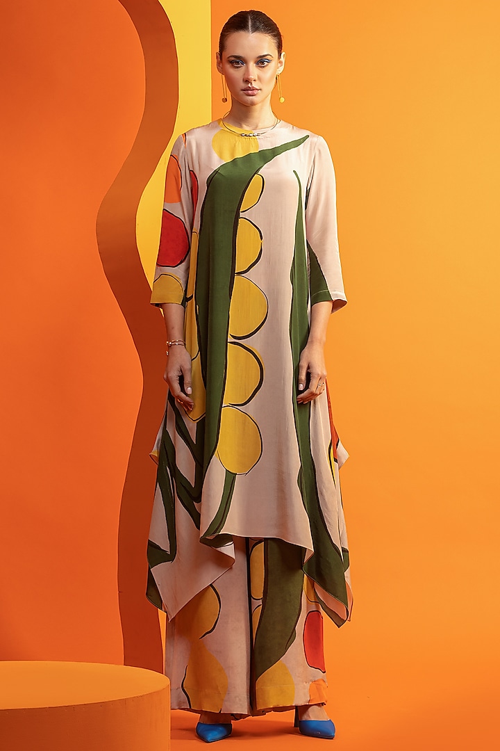 Beige & Olive Natural Crepe Printed Kurta Set by Nautanky By Nilesh Parashar at Pernia's Pop Up Shop