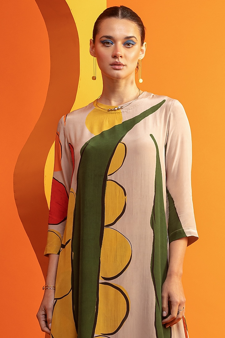 Beige & Olive Natural Crepe Printed Kurta Set by Nautanky By Nilesh Parashar at Pernia's Pop Up Shop
