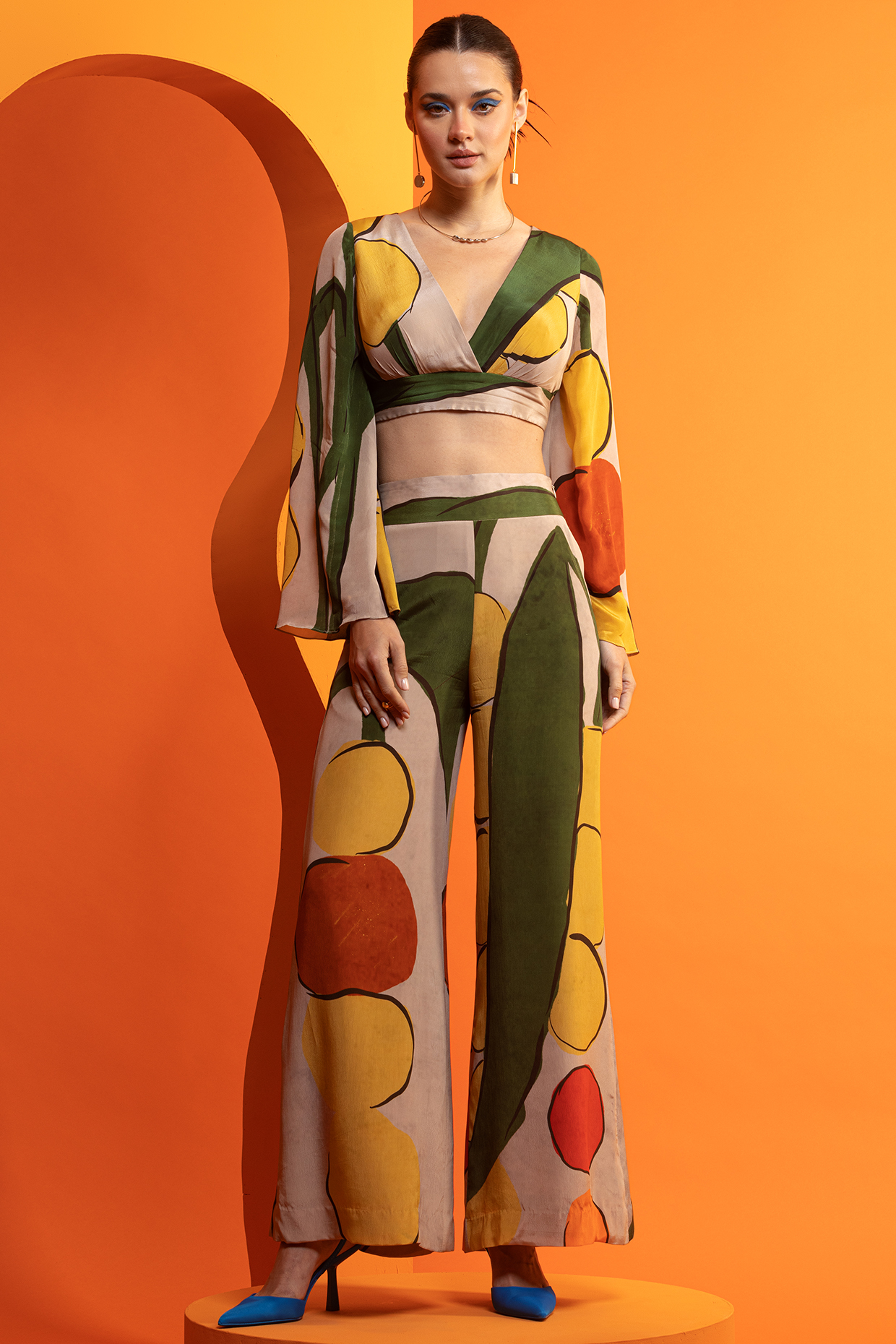 Beige & Olive Natural Crepe Printed Pant Set by Nautanky By Nilesh Parashar at Pernia's Pop Up Shop