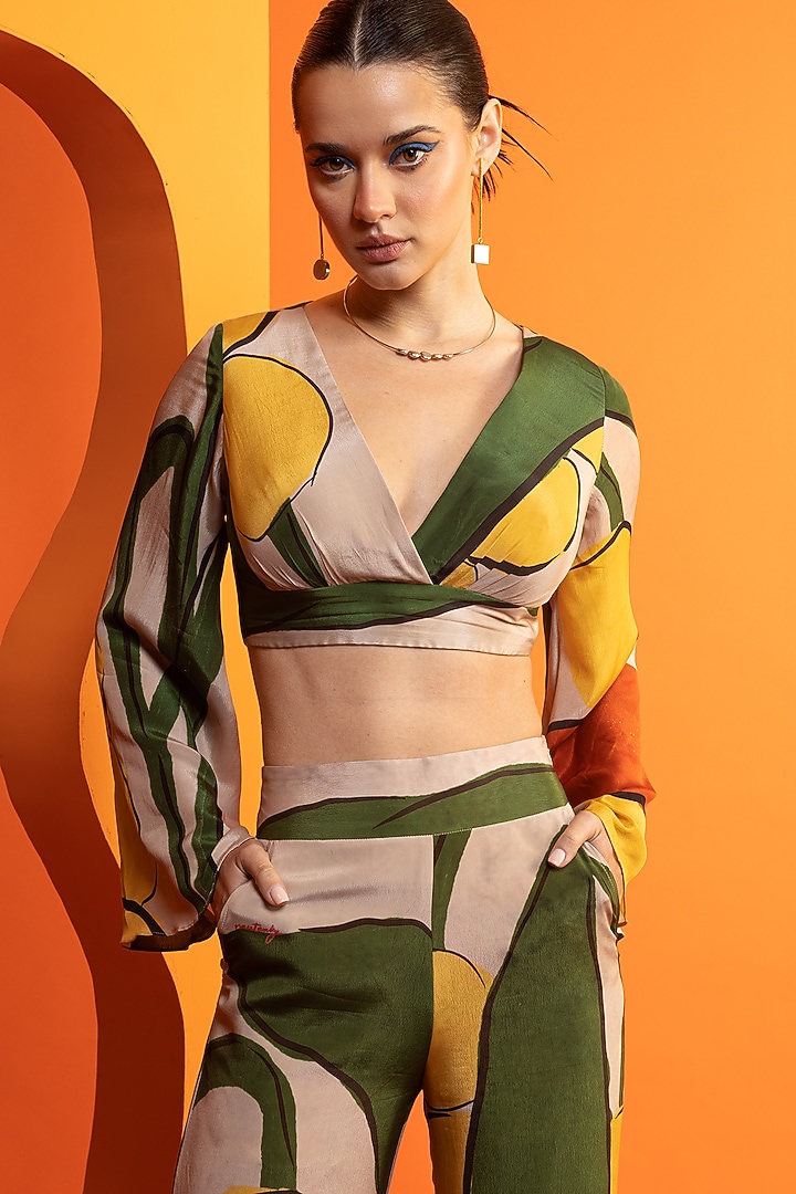 Beige & Olive Natural Crepe Printed Pant Set by Nautanky By Nilesh Parashar at Pernia's Pop Up Shop