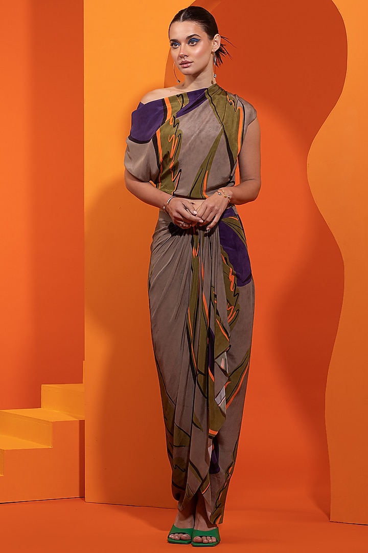 Olive & Purple Natural Crepe Printed Skirt Set by Nautanky By Nilesh Parashar