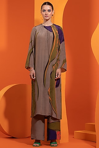 Olive & Purple Natural Crepe Printed Kurta Set by Nautanky By Nilesh Parashar