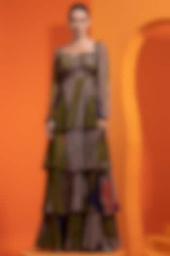 Olive & Purple Chiffon Printed Dress by Nautanky By Nilesh Parashar